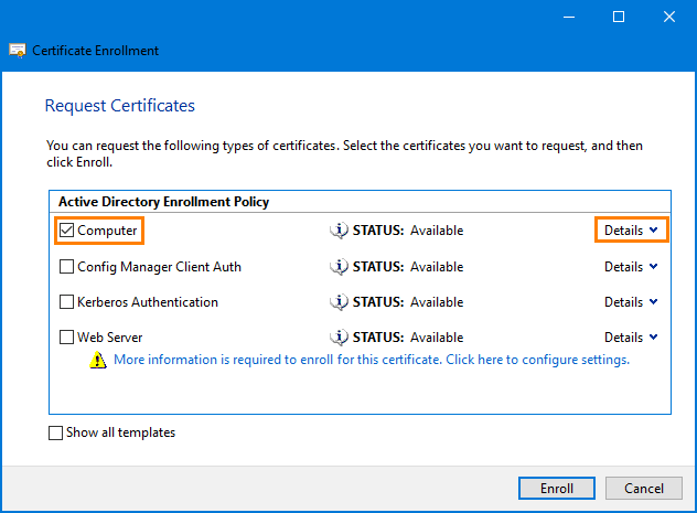certificate enrollment collapsed details